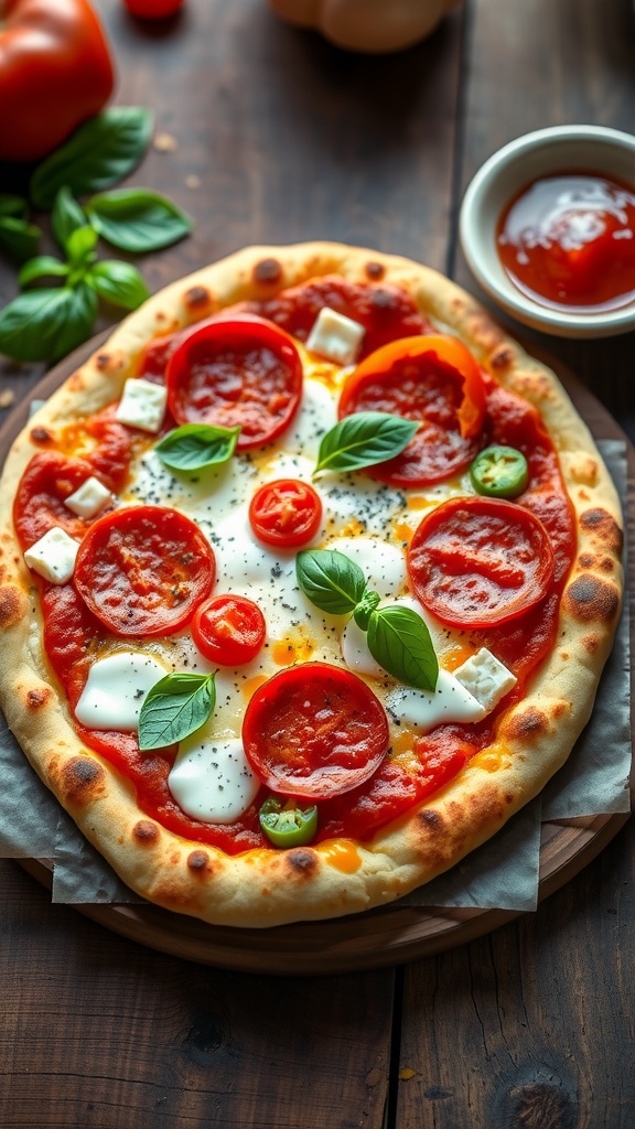 Crispy naan pizza with cheese, pepperoni, and bell peppers, garnished with basil on a rustic table.